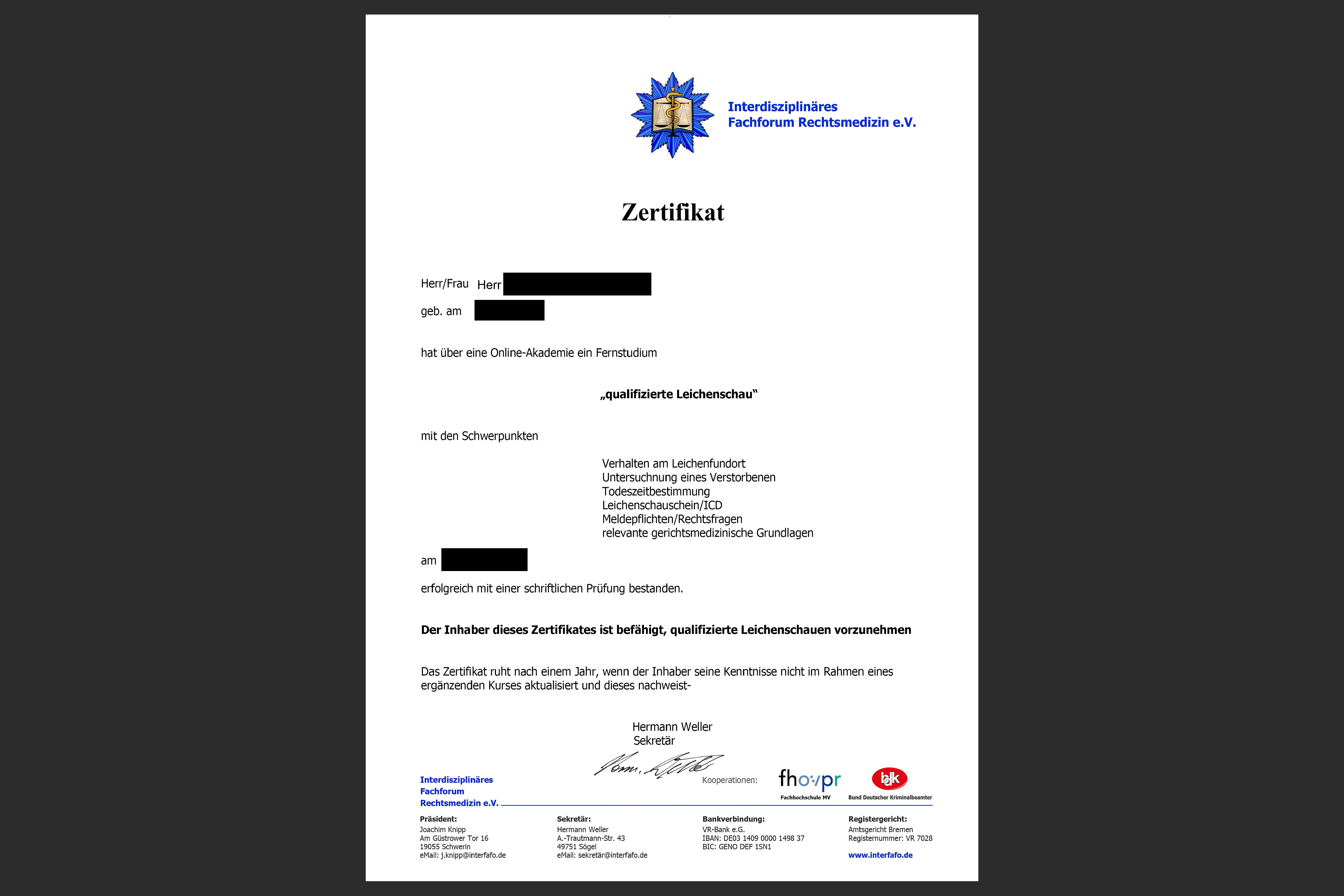 Das Zertifikat bestätigt die absolvierte Fortbildung